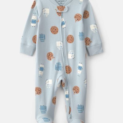 Baby Boy Milk & Cookies 100% Cotton 2-Way Zip Sleep & Play Pajamas - Blue