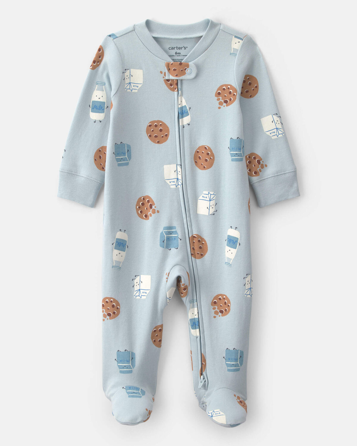 Baby Boy Milk & Cookies 100% Cotton 2-Way Zip Sleep & Play Pajamas - Blue
