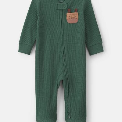 Baby Boy Moose Cotton 2-Way Zip Thermal Sleep & Play Pajamas - Green