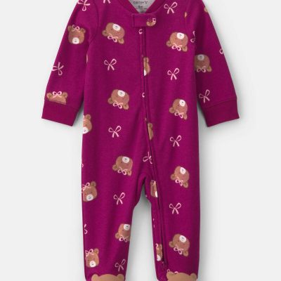 Baby Girl Bear 100% Cotton 2-Way Zip Sleep & Play Pajamas - Purple