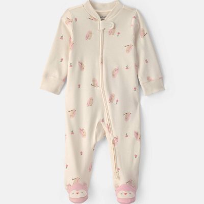 Baby Girl Owl 100% Cotton 2-Way Zip Sleep & Play Pajamas - Cream