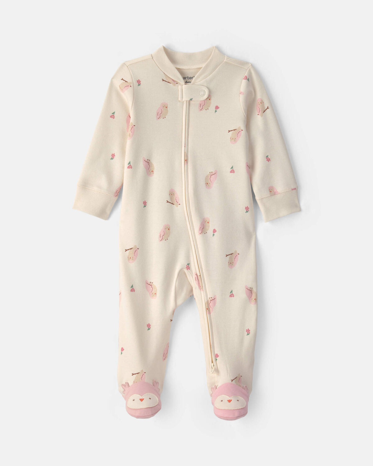 Baby Girl Owl 100% Cotton 2-Way Zip Sleep & Play Pajamas - Cream