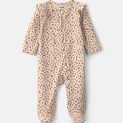 Baby Girl Floral 100% Cotton 2-Way Zip Sleep & Play Pajamas - Cream