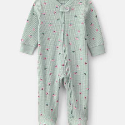 Baby Girl Butterfly Cotton 2-Way Zip Thermal Sleep & Play Pajamas - Green