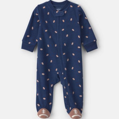 Baby Boy Football Fleece 2-Way Zip Sleep & Play Pajamas - Navy Blue