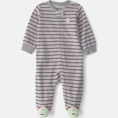 Baby Boy Monster Striped Fleece 2-Way Zip Sleep & Play Pajamas - Grey
