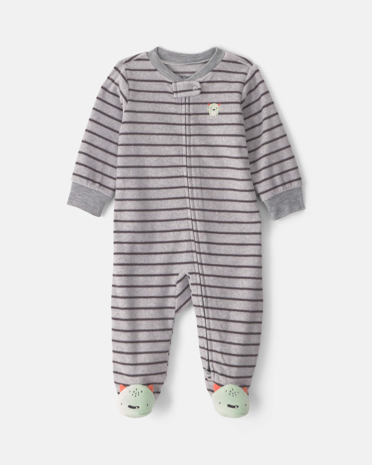 Baby Boy Monster Striped Fleece 2-Way Zip Sleep & Play Pajamas - Grey