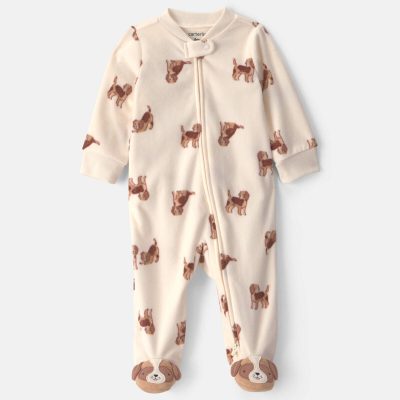 Baby Boy Dog Fleece 2-Way Zip Sleep & Play Pajamas - Cream