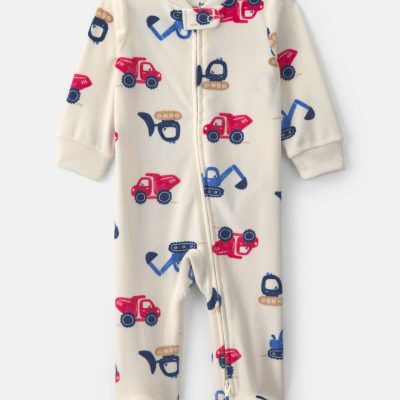 Baby Boy Construction 2-Way Zip DreamPlush Sleep & Play Pajamas - Cream