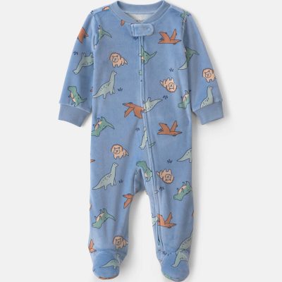 Baby Boy Dinosaur 2-Way Zip DreamPlush Sleep & Play Pajamas - Blue