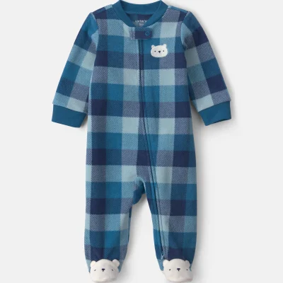 Baby Boy Bear Plaid Fleece 2-Way Zip Sleep & Play Pajamas - Blue