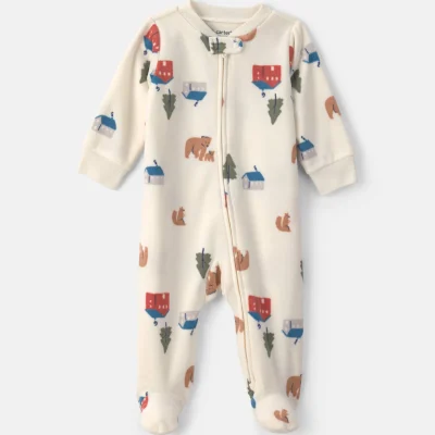 Baby Bear Cabin Fleece 2-Way Zip Sleep & Play Pajamas - Cream