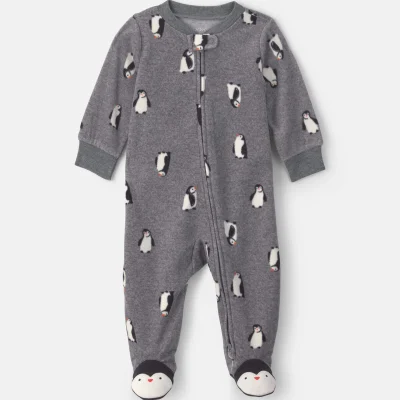 Baby Boy Penguin Fleece 2-Way Zip Sleep & Play Pajamas - Grey