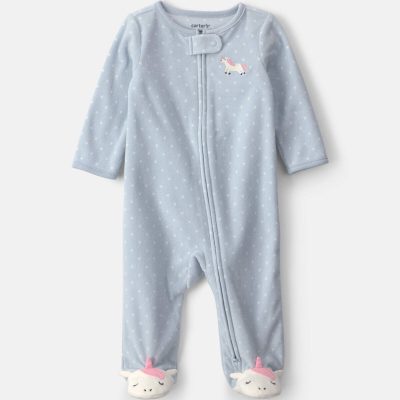 Baby Girl Unicorn Fleece 2-Way Zip Sleep & Play Pajamas - Blue