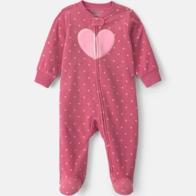 Baby Girl Heart Fleece 2-Way Zip Sleep & Play Pajamas - Pink