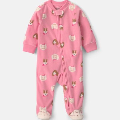 Baby Girl Dog Fleece 2-Way Zip Sleep & Play Pajamas - Pink