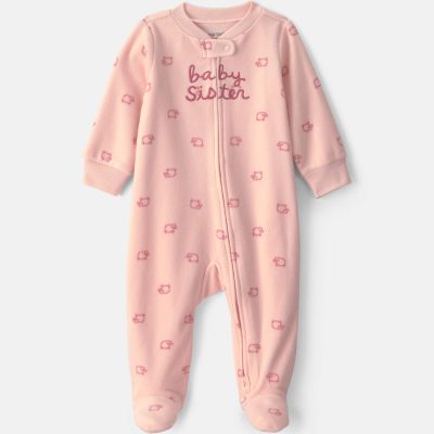 Baby Girl 'Baby Sister' Fleece 2-Way Zip Sleep & Play Pajamas - Pink