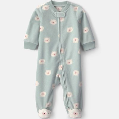 Baby Girl Bear Fleece 2-Way Zip Sleep & Play Pajamas - Green