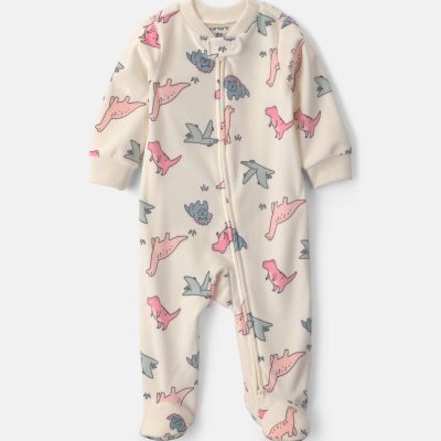 Baby Girl Dinosaur Fleece 2-Way Zip DreamPlush Sleep & Play Pajamas - Cream