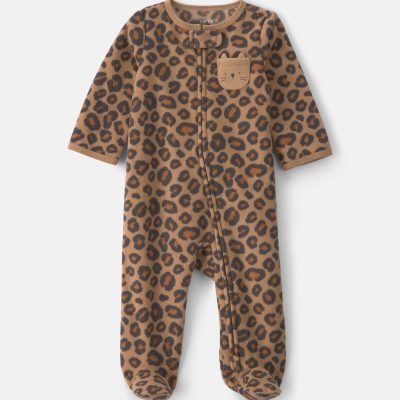 Baby Girl Leopard Fleece 2-Way Zip Sleep & Play Pajamas - Brown