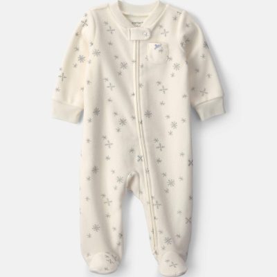 Baby Girl Snowflake Fleece 2-Way Zip Sleep & Play Pajamas - Cream