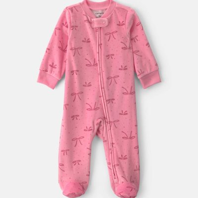 Baby Girl Bow Fleece 2-Way Zip DreamPlush Sleep & Play Pajamas - Pink