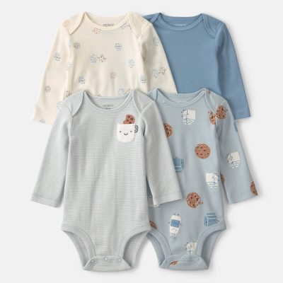 Baby Boy 4-Pack Milk & Cookies Long-Sleeve Multipack Bodysuits