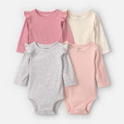 Baby Girl 4-Pack Ribbed Ruffle Long-Sleeve Multipack Bodysuits