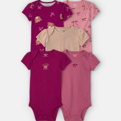 Baby Girl 5-Pack Teddy Bear Short-Sleeve Multipack Bodysuits - Pink/Purple