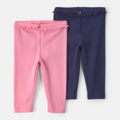 Baby Girl 2-Pack Cotton Pull-On Pants - Pink/Navy Blue