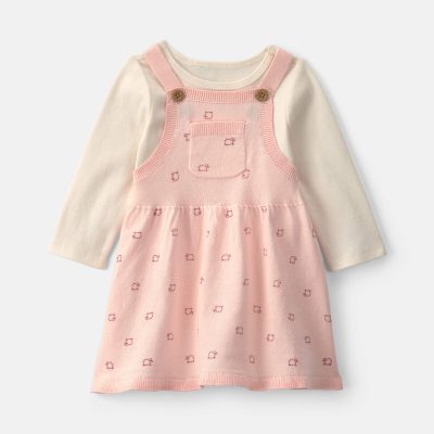 Baby Girl 2-Piece Sheep Long-Sleeve Dress Set - Pink/Cream