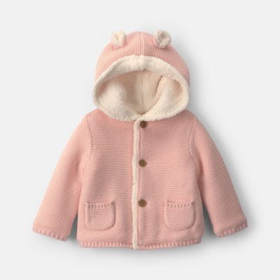 Baby Girl Bear Sweater Knit Hooded Jacket - Pink