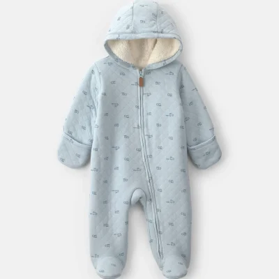 Baby Boy Train Teddy Fleece Long-Sleeve Jumpsuit - Blue