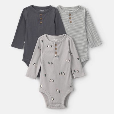 Baby Boy 3-Pack Penguin Long-Sleeve Multipack Bodysuits - Grey