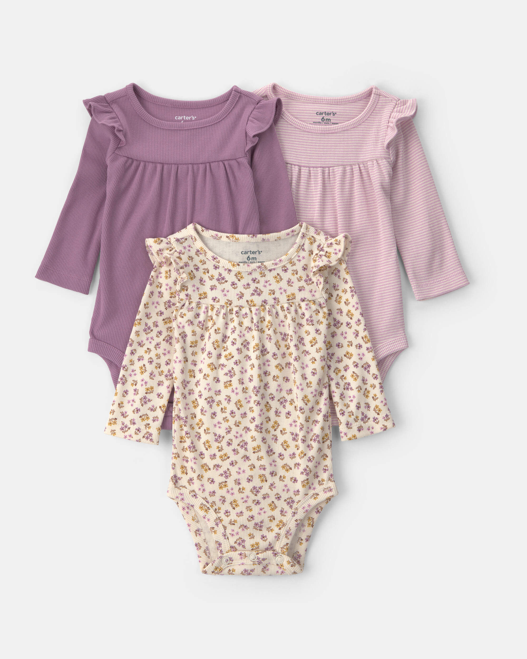 Baby Girl 3-Pack Bear Long-Sleeve Multipack Bodysuits - Cream/Green - Image 6