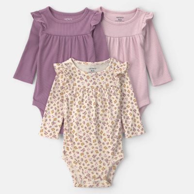 Baby Girl 3-Pack Floral Long-Sleeve Multipack Bodysuits - Purple