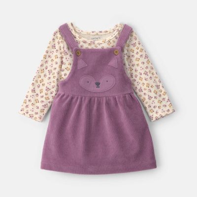 Baby Girl 2-Piece Fox Velvety Long-Sleeve Dress Set - Purple/Cream