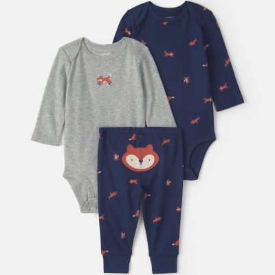 Baby Boy 3-Piece Fox Long-Sleeve Bodysuit & Pant Set - Navy Blue/Grey