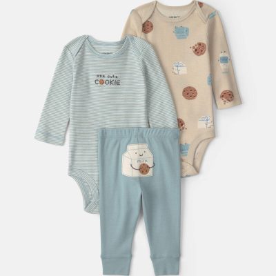 Baby Boy 3-Piece Milk & Cookies Long-Sleeve Bodysuit & Pant Set - Blue/Cream