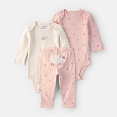 Baby Girl 3-Piece Sheep Long-Sleeve Bodysuit & Pant Set - Pink/Cream