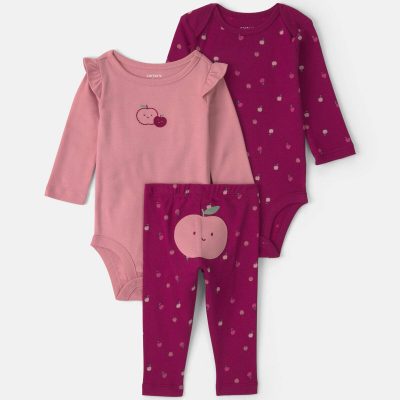 Baby Girl 3-Piece Apple Long-Sleeve Bodysuit & Pant Set - Burgundy/Pink