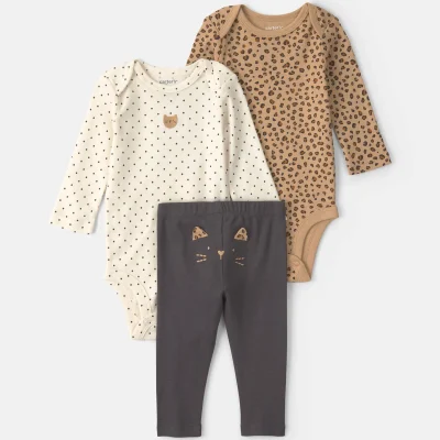Baby Girl 3-Piece Leopard Long-Sleeve Bodysuit & Pant Set - Brown/Cream/Black