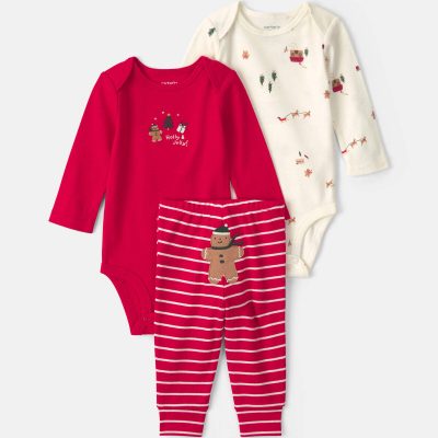 Baby Boy 3-Piece Gingerbread Long-Sleeve Bodysuit & Pant Set - Red/Cream