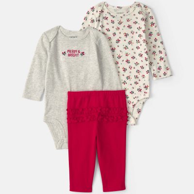 Baby Girl 3-Piece Floral Long-Sleeve Bodysuit & Pant Set - Red/Grey