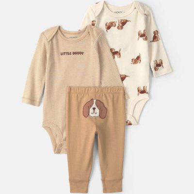 Baby Boy 3-Piece Dog Long-Sleeve Bodysuit & Pant Set - Brown/Cream