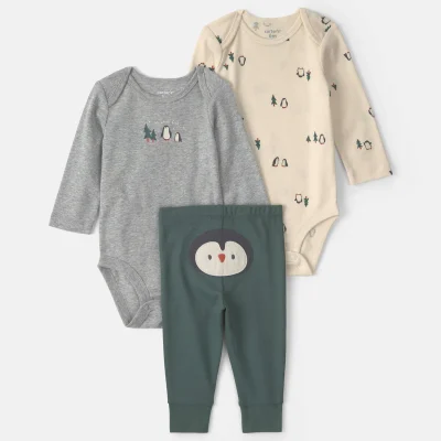 Baby Boy 3-Piece Penguin Long-Sleeve Bodysuit & Pant Set - Green/Grey/Cream