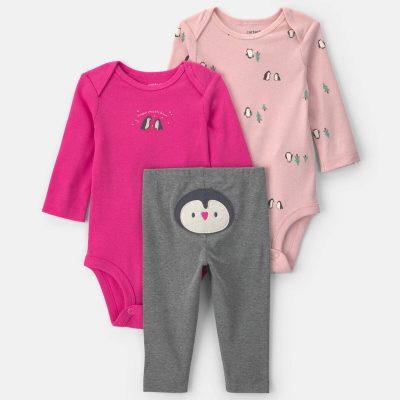 Baby Girl 3-Piece Penguin Long-Sleeve Bodysuit & Pant Set - Pink