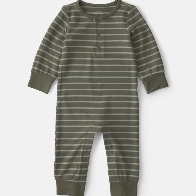 Baby Boy Striped PurelySoft™ Long-Sleeve Jumpsuit - Olive Green