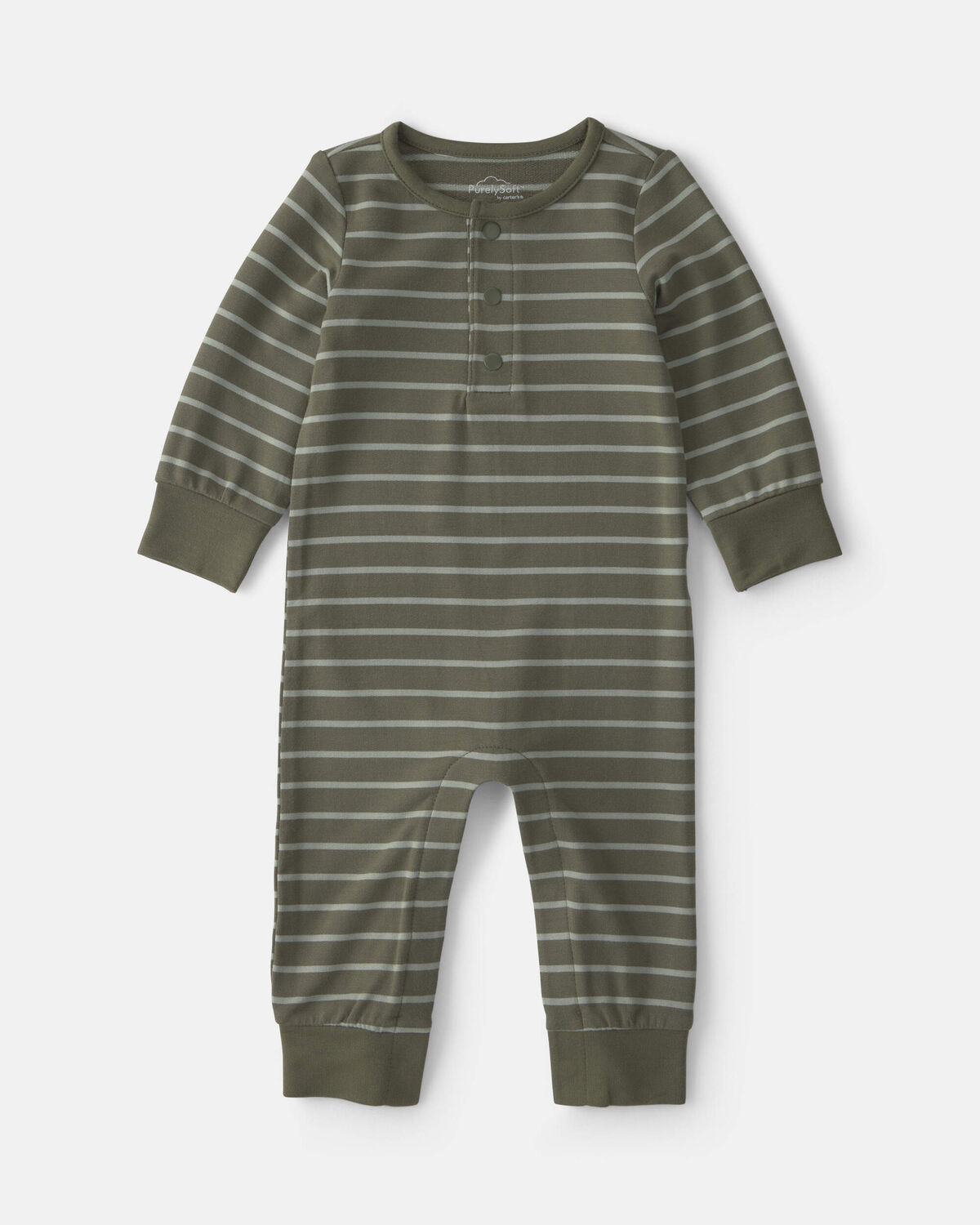 Baby Boy Striped PurelySoft™ Long-Sleeve Jumpsuit - Olive Green