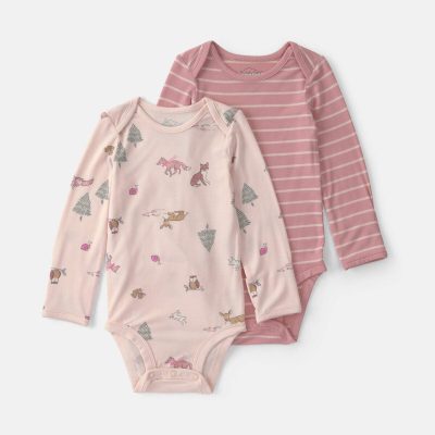 Baby Girl 2-Pack Woodland PurelySoft™ Long-Sleeve Multipack Bodysuits - Pink